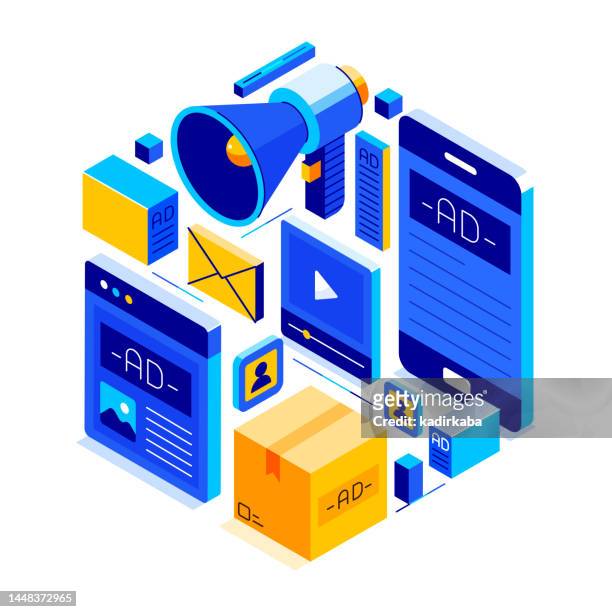 stockillustraties, clipart, cartoons en iconen met advertising and advertisement isometric icon set and three dimensional design. marketing, promotion, magazine, billboard, ads, megaphone, mail, internet advertising, video player, media, product advertising, tv advertising, street advertising. - doelgroep