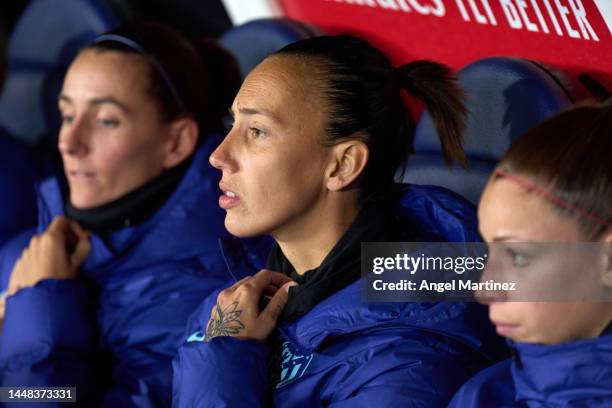 Virginia Torrecilla of Atletico de Madrid looks on prior to the Liga F match between Real Madrid and Atletico de Madrid at Estadio Alfredo Di Stefano...