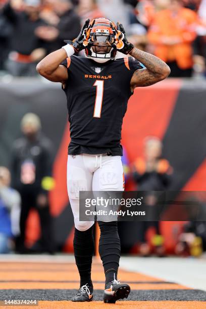 Ja'Marr Chase of the Cincinnati Bengals celebrates after a touchdown in the second quarter of a game against the Cleveland Browns at Paycor Stadium...