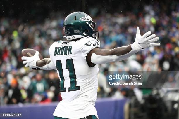 Brown of the Philadelphia Eagles celebrates after a touchdown during the second quarter of the game against the New York Giants at MetLife Stadium on...