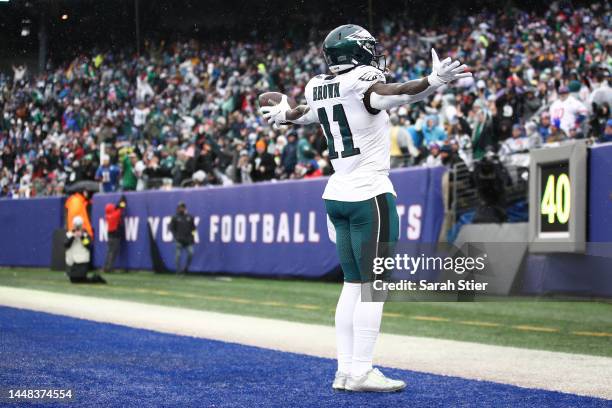 Brown of the Philadelphia Eagles celebrates after a touchdown during the second quarter of the game against the New York Giants at MetLife Stadium on...
