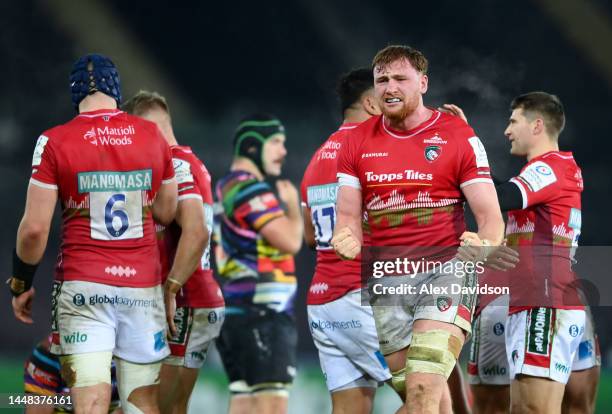 Ollie Chessum of Leicester Tigers celebrates their side's win after the final whistle of the Heineken Champions Cup Pool B match between Ospreys and...