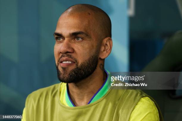 Dani Alves of Brazil looks on during the FIFA World Cup Qatar 2022 quarter final match between Croatia and Brazil at Education City Stadium on...