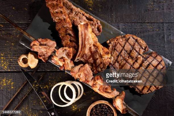mixed grill, adana kebab, meat skewers, steak - fried turkey stock pictures, royalty-free photos & images