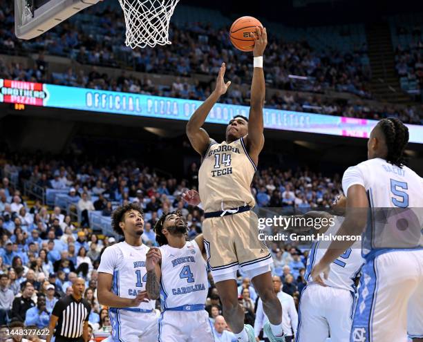 Jalon Moore of the Georgia Tech Yellow Jackets drives to the basket against the North Carolina Tar Heels during their game at the Dean E. Smith...