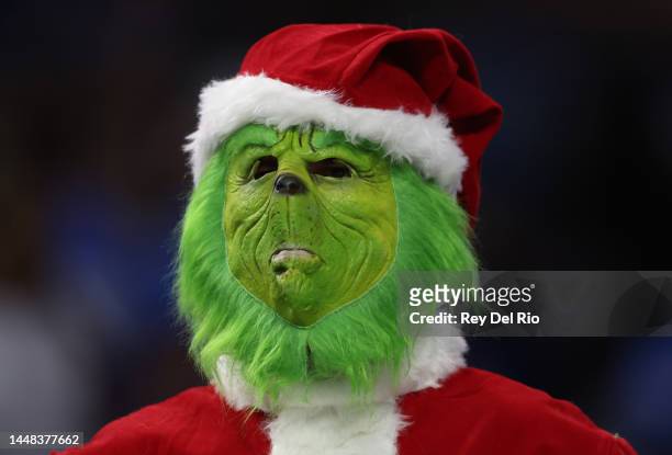 Fan dressed as The Grinch looks on from the stands during the first half in the game between the Minnesota Vikings and Detroit Lions at Ford Field on...