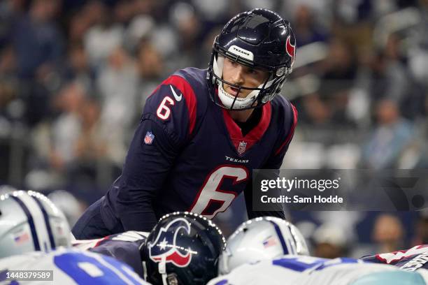 Jeff Driskel of the Houston Texans is under center during the first half against the Dallas Cowboys at AT&T Stadium on December 11, 2022 in...