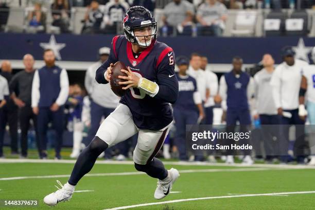 Jeff Driskel of the Houston Texans looks to throw the ball during the first half against the Dallas Cowboys at AT&T Stadium on December 11, 2022 in...
