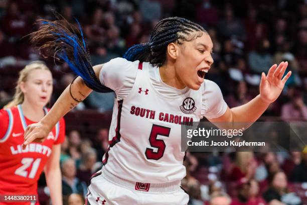 Victaria Saxton of the South Carolina Gamecocks reacts in the second quarter during their game against the Liberty Lady Flames at Colonial Life Arena...