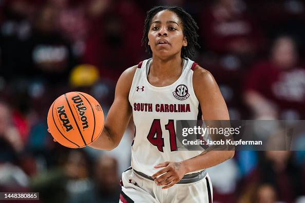 Kierra Fletcher of the South Carolina Gamecocks brings the ball up ...