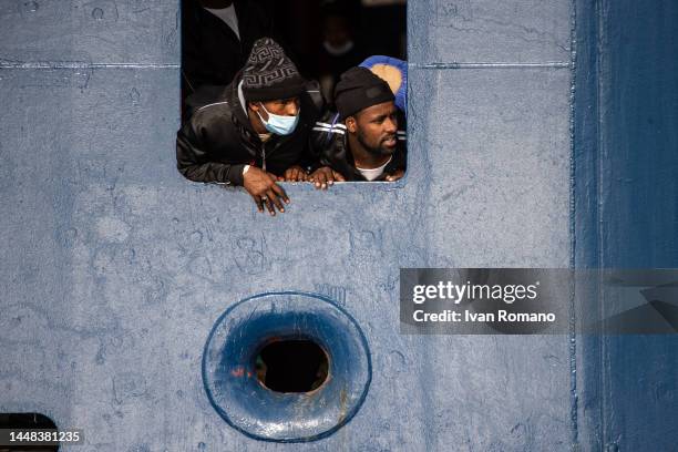 Migrants during the disembarking operations from the ship Geo Barents on December 11, 2022 in Salerno, Italy. 248 migrants rescued by the Geo Barents...