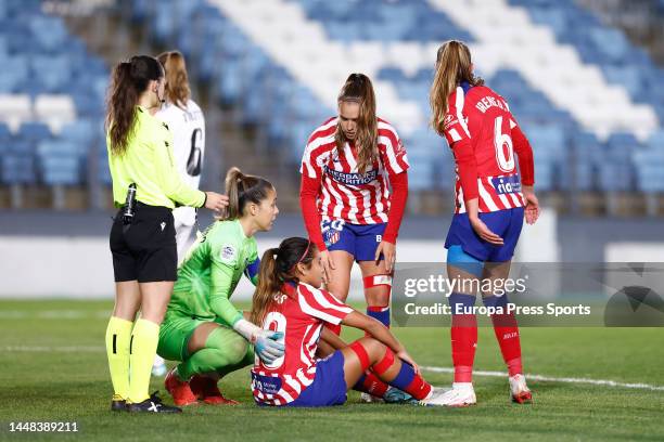 Leicy Santos of Atletico de Madrid hurts during the Women Spanish League, Liga F, football match played between Real Madrid and Atletico de Madrid at...