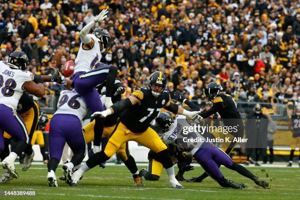 Chris Boswell of the Pittsburgh Steelers has his field goal attempt blocked by Calais Campbell of the Baltimore Ravens during the fourth quarter of...