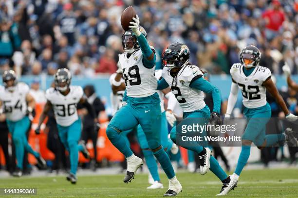 Arden Key of the Jacksonville Jaguars celebrates after recovering a fumble in the fourth quarter of the game against the Tennessee Titans at Nissan...