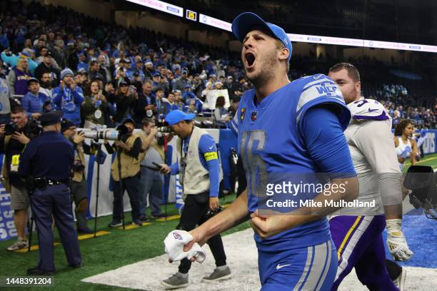 Jared Goff of the Detroit Lions celebrates after defeating the Minnesota Vikings at Ford Field on December 11, 2022 in Detroit, Michigan.