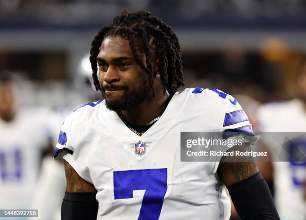 Trevon Diggs of the Dallas Cowboys walk off the field after warmups before the game against the Indianapolis Colts at AT&T Stadium on December 04,...