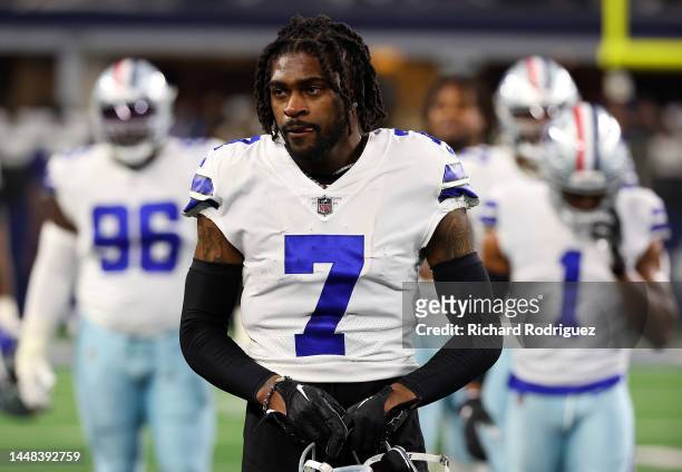 Trevon Diggs of the Dallas Cowboys walk off the field after warmups before the game against the Indianapolis Colts at AT&T Stadium on December 04,...