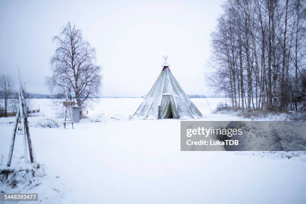 lapland shelter (lavvu) in finland - tipi stock pictures, royalty-free photos & images