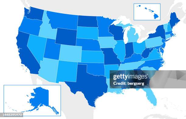 usa high detailed blue map with regions - new york state map outline stock illustrations