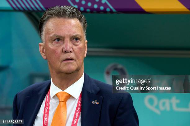 Louis Van Gaal, head coach of Netherlands looks on prior to the FIFA World Cup Qatar 2022 quarter final match between Netherlands and Argentina at...