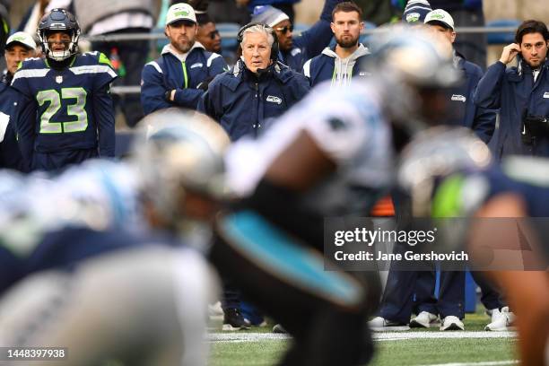 Head coach Pete Carroll of the Seattle Seahawks looks on from the sideline during the second quarter of the game against the Carolina Panthers at...