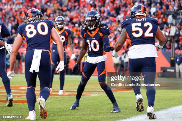 Jerry Jeudy of the Denver Broncos celebrates after scoring a touchdown in the second quarter of a game against the Kansas City Chiefs at Empower...