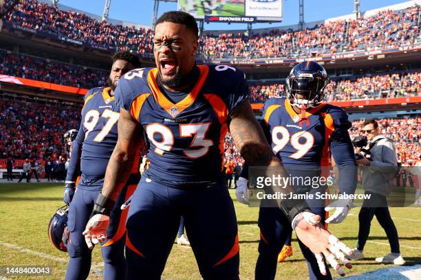 Dre'Mont Jones of the Denver Broncos reacts in the first half of a game against the Kansas City Chiefs at Empower Field At Mile High on December 11,...