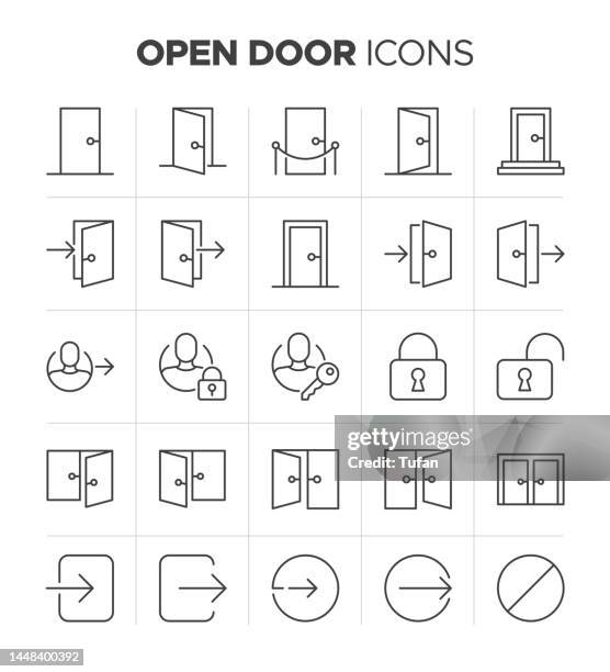 ilustraciones, imágenes clip art, dibujos animados e iconos de stock de conjunto de iconos de línea de puerta abierta: inicio de sesión, registro, contraseña y más - puerta principal