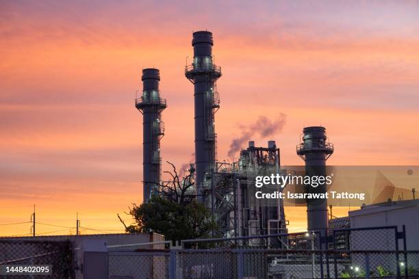 gas turbine electrical power plant with in twilight power for factory energy concept. - gas turbine electrical power plant stock pictures, royalty-free photos & images