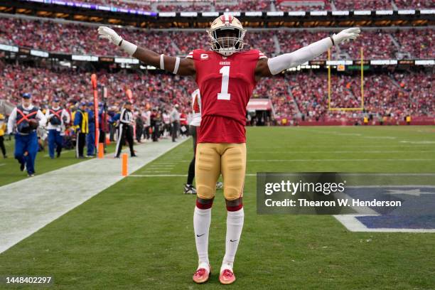 Jimmie Ward of the San Francisco 49ers reacts after breaking up a pass during the second quarter of the game against the Tampa Bay Buccaneers at...