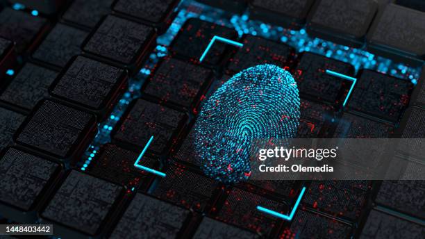 sistemas de seguridad de fondo digital y protección de datos. identidad biométrica de la persona por huella dactilar - fingerprint fotografías e imágenes de stock