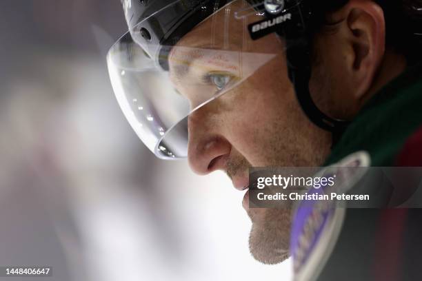 Christian Fischer of the Arizona Coyotes warms up before the NHL game against the Philadelphia Flyers at Mullett Arena on December 11, 2022 in Tempe,...