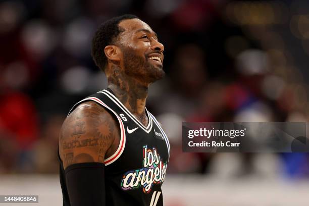 John Wall of the Los Angeles Clippers looks on against the Washington Wizards in the first half at Capital One Arena on December 10, 2022 in...