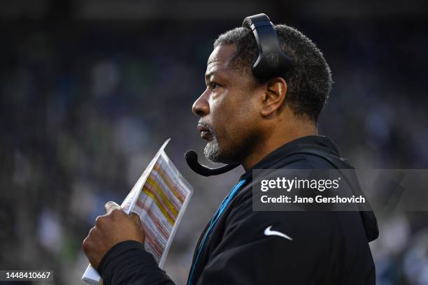 Head coach Steve Wilks of the Carolina Panthers looks on from the sideline during the fourth quarter of the game against the Seattle Seahawks at...