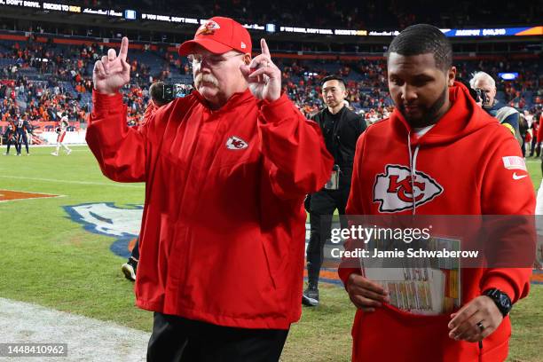 Head coach Andy Reid of the Kansas City Chiefs reacts after beating the Denver Broncos 34-28 at Empower Field At Mile High on December 11, 2022 in...