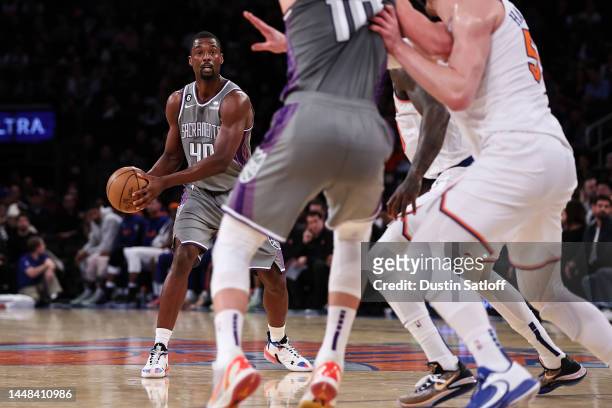 Harrison Barnes of the Sacramento Kings looks to pass the ball during the second quarter of the game against the New York Knicks at Madison Square...