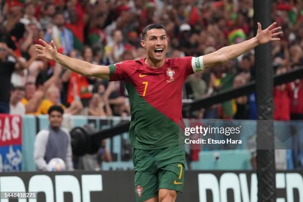 Cristiano Ronaldo of Portugal celebrates the first goal during the FIFA World Cup Qatar 2022 Group H match between Portugal and Uruguay at Lusail...