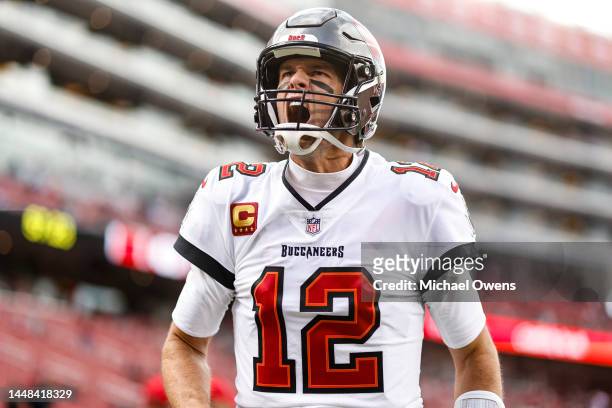 Tom Brady of the Tampa Bay Buccaneers reacts prior to an NFL football game between the San Francisco 49ers and the Tampa Bay Buccaneers at Levi's...
