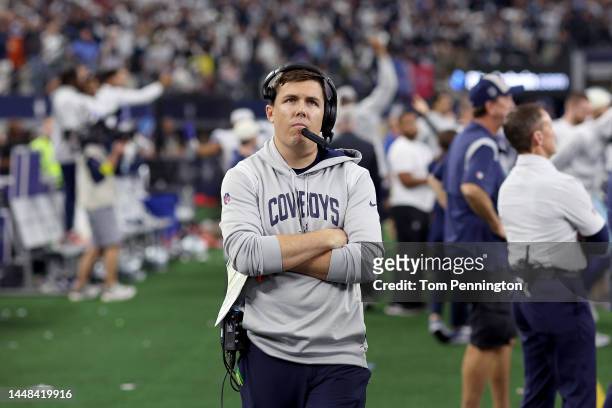 Offensive coordinator Kellen Moore of the Dallas Cowboys looks on as the Cowboys take on the Houston Texans in the fourth quarter at AT&T Stadium on...