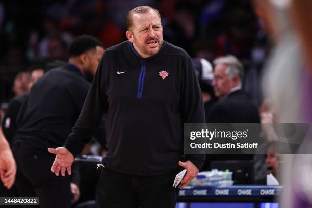 New Yok Knicks head coach Tom Thibodeau reacts to a call during the third quarter of the game against the Sacramento Kings at Madison Square Garden...