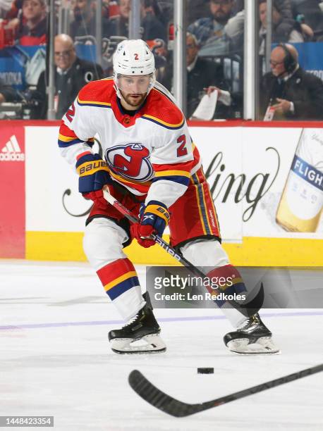 Brendan Smith of the New Jersey Devils skates the puck against the Philadelphia Flyers at the Wells Fargo Center on December 3, 2022 in Philadelphia,...