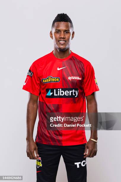 Akeal Hosein of the Renegades poses during the Melbourne Renegades Big Bash League headshots session at Junction Oval on December 12, 2022 in...