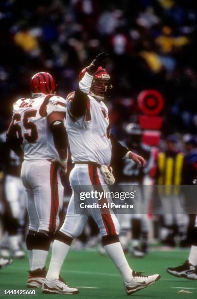 Quarterback Boomer Esiason of the Cincinnati Bengals calls a play in the game between the Cincinnati Bengals vs the Philadelphia Eagles at Veterans...