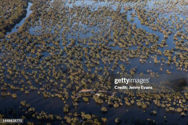 An aerial view of Minley Station surrounded by flood water on December 09, 2022 in Louth, Australia. Rainfall over recent weeks and months has caused...