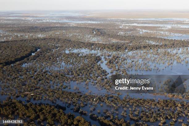 An aerial view of Minley Station surrounded by flood water on December 09, 2022 in Louth, Australia. Rainfall over recent weeks and months has caused...