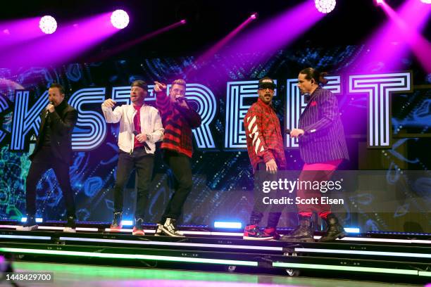 Howie Dorough, Brian Littrell, Nick Carter, AJ McLean and Kevin Richardson of Backstreet Boys perform on stage during iHeartRadio KISS108's Jingle...