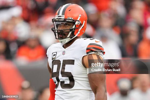 Myles Garrett of the Cleveland Browns lines up for a play in the first quarter against the Cincinnati Bengals at Paycor Stadium on December 11, 2022...