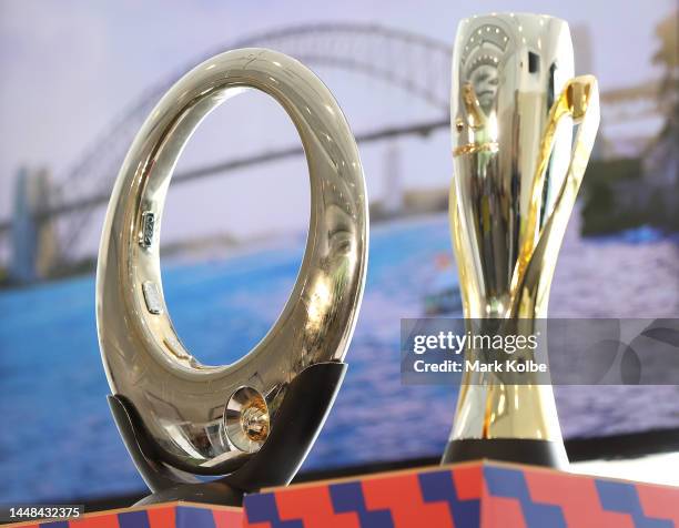 The A-League trophies are seen on display in front of display screens during an A-Leagues Grand Finals media opportunity at CommBank Stadium on...