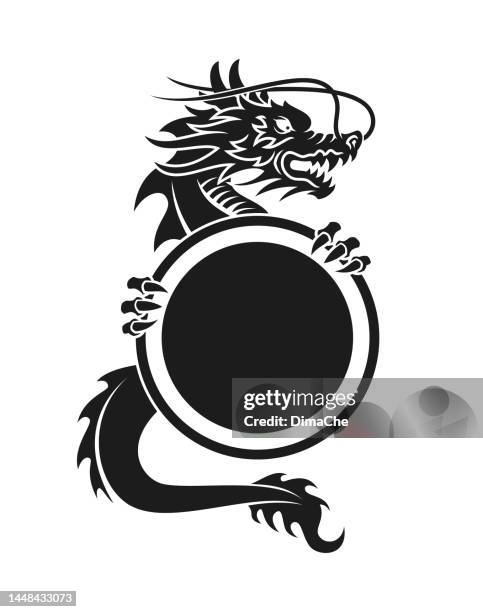 ilustrações de stock, clip art, desenhos animados e ícones de dragon with round shield - cut out vector silhouette - tail