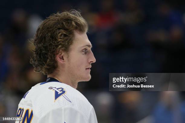 Tage Thompson of the Buffalo Sabres before the game against the Pittsburgh Penguins at KeyBank Center on December 09, 2022 in Buffalo, New York.